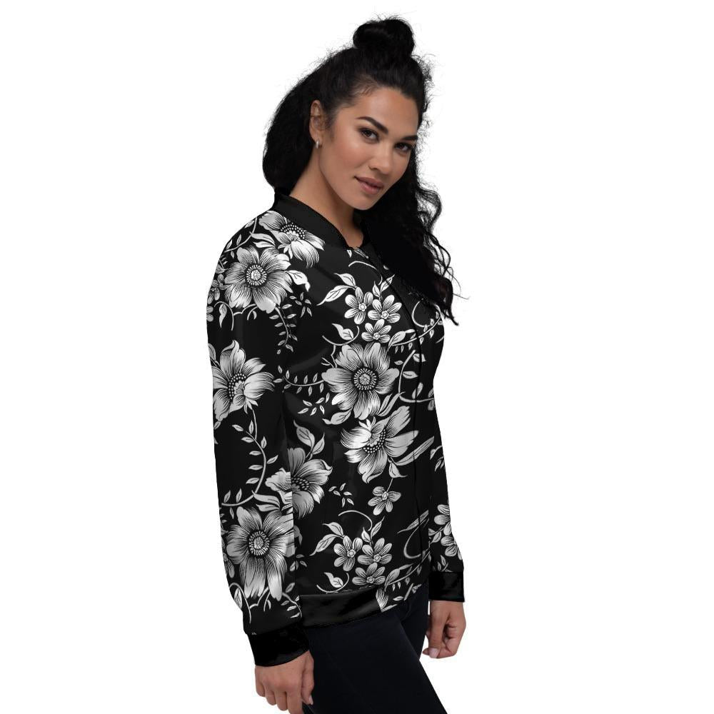 Black White Floral Print Women's Bomber Jacket-grizzshop
