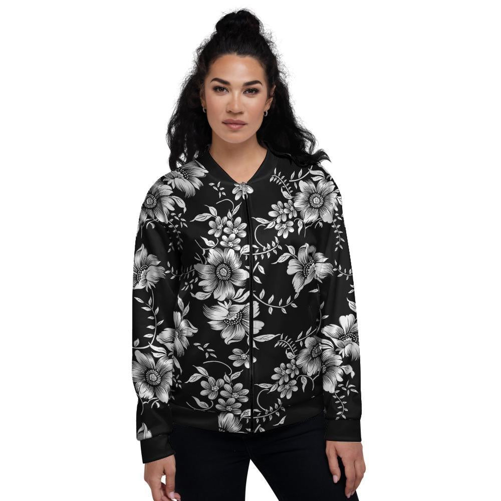 Black White Floral Print Women's Bomber Jacket-grizzshop