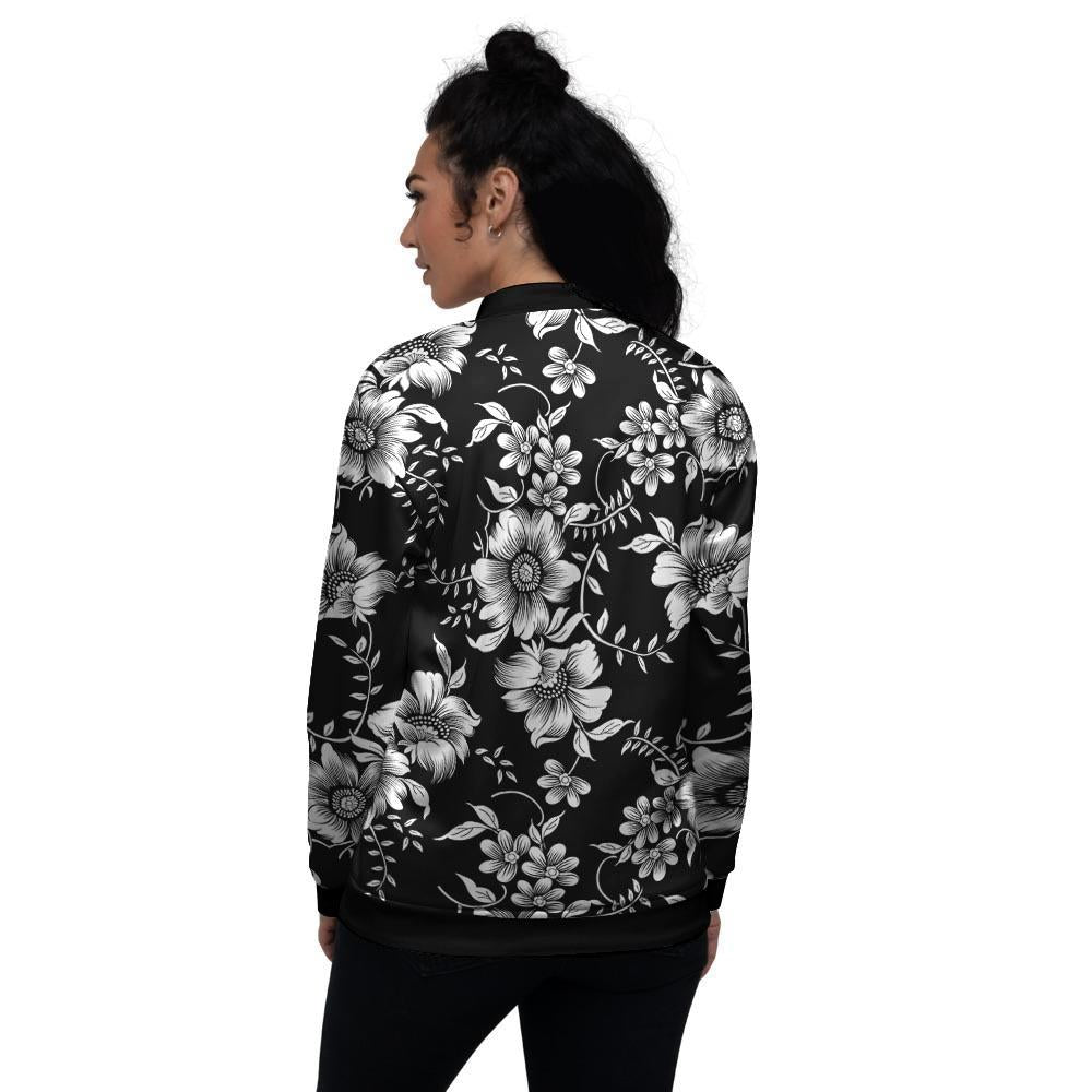 Black White Floral Print Women's Bomber Jacket-grizzshop