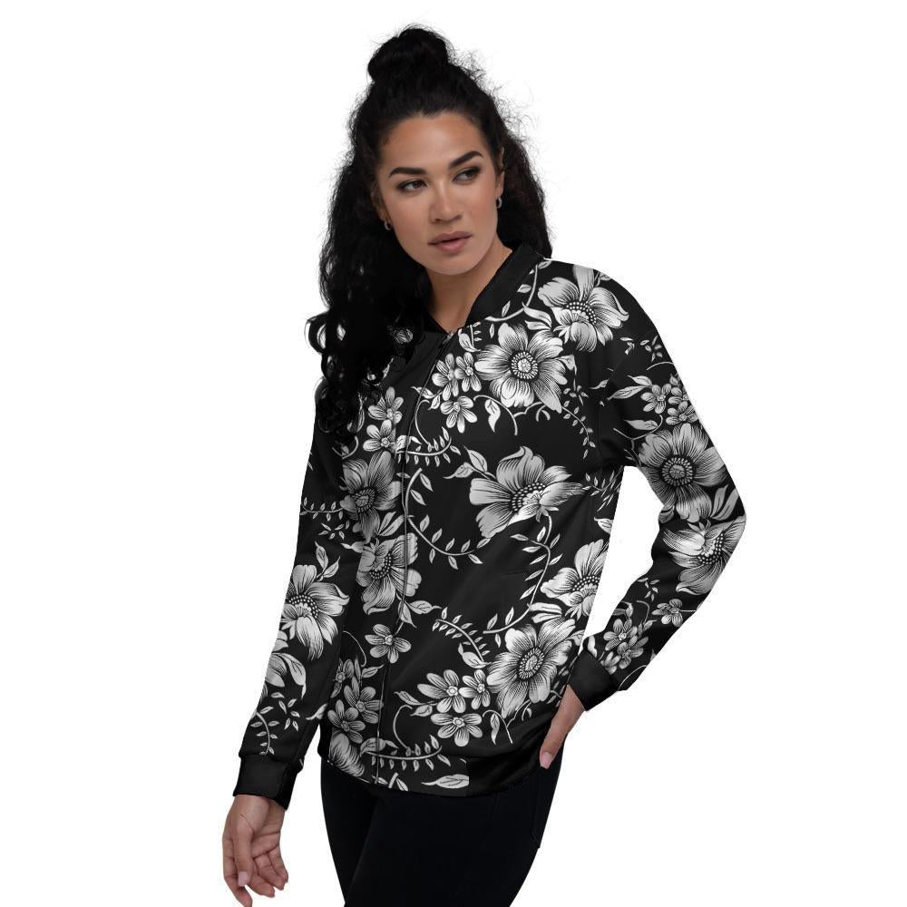 Black White Floral Print Women's Bomber Jacket-grizzshop