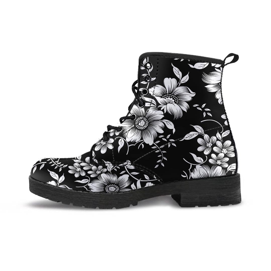 Black White Floral Print Women's Boots-grizzshop