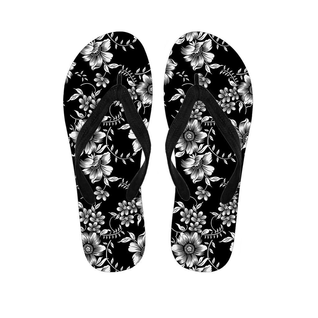 Black White Floral Print Women's Flip Flops-grizzshop