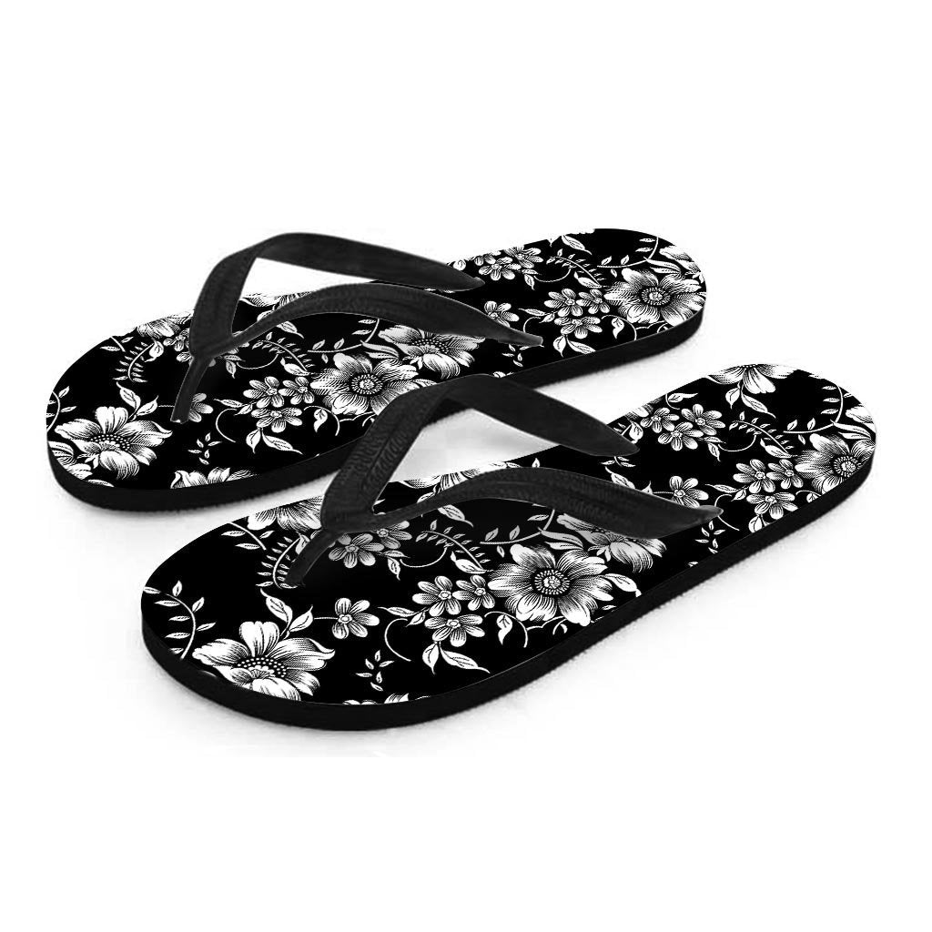 Black White Floral Print Women's Flip Flops-grizzshop
