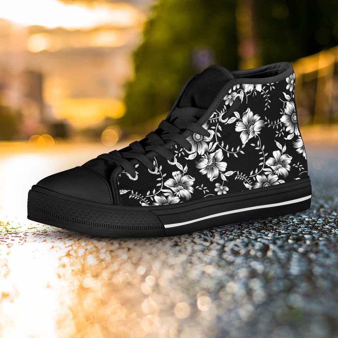 Black White Floral Print Women's High Top Shoes-grizzshop