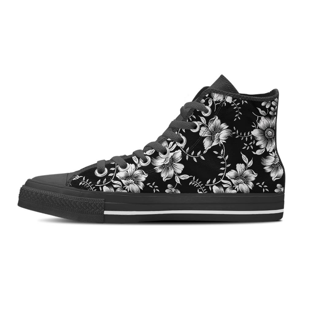 Black White Floral Print Women's High Top Shoes-grizzshop