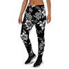 Black White Floral Print Women's Joggers-grizzshop