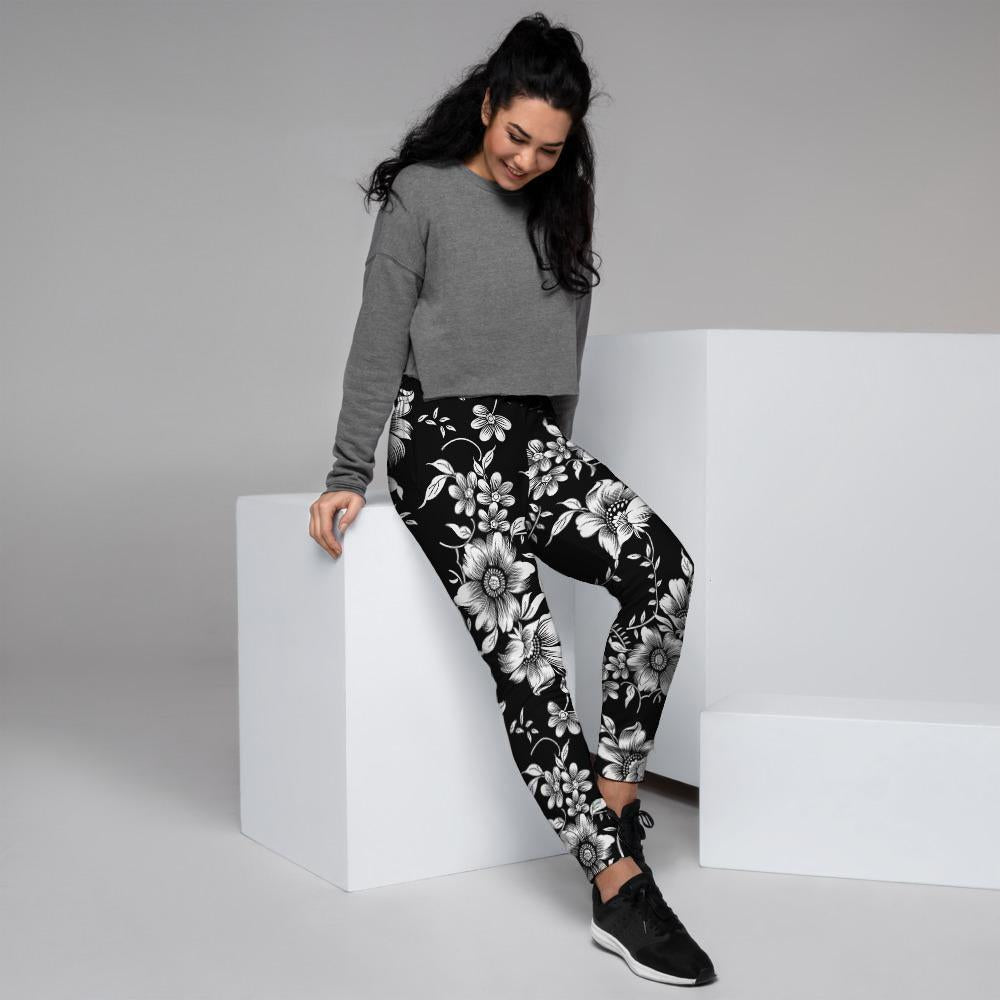 Black White Floral Print Women's Joggers-grizzshop