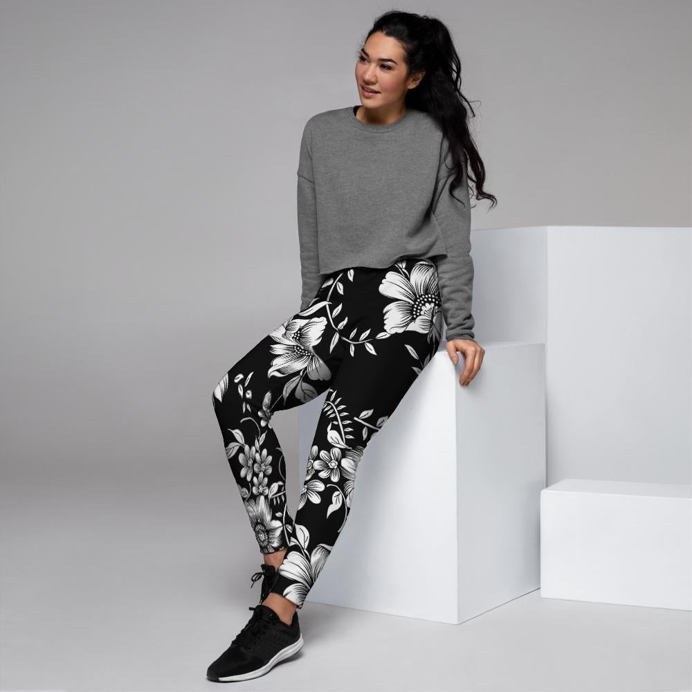 Black White Floral Print Women's Joggers-grizzshop