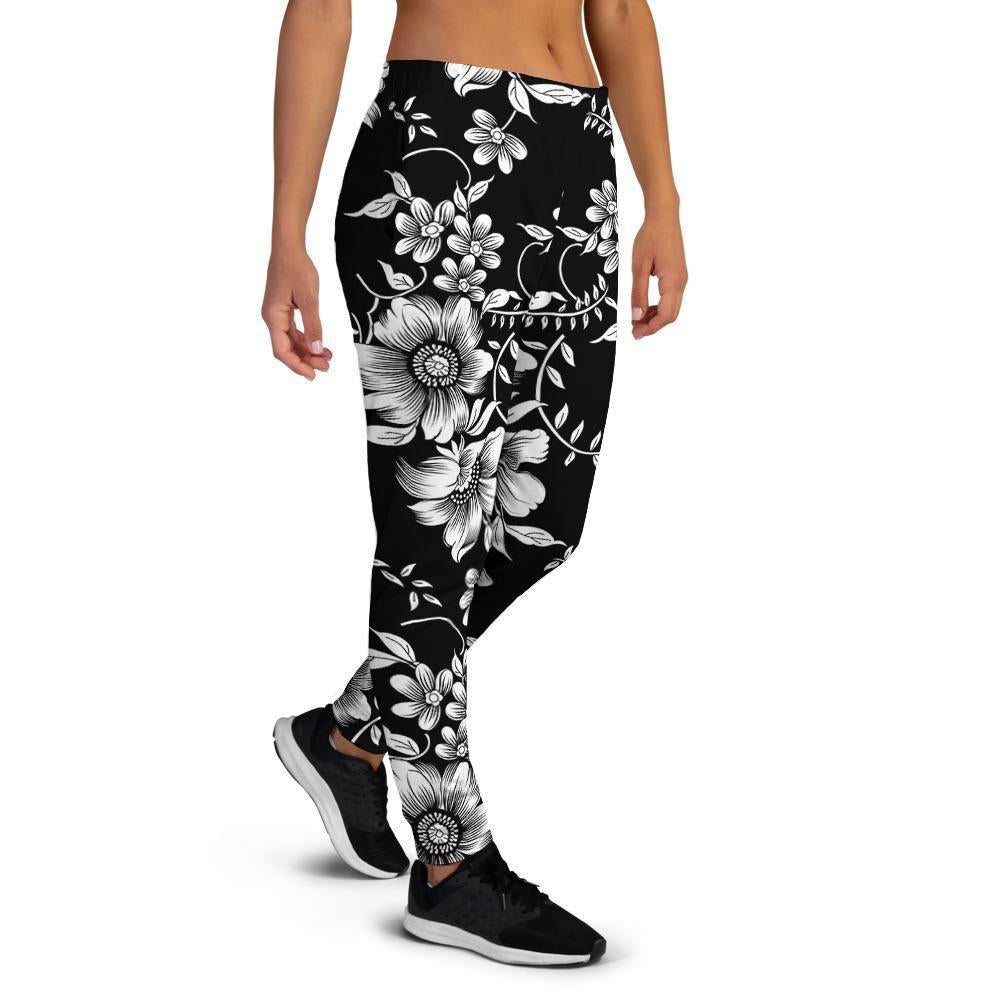 Black White Floral Print Women's Joggers-grizzshop