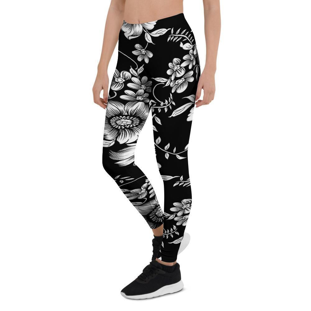 Black White Floral Print Women's Leggings-grizzshop