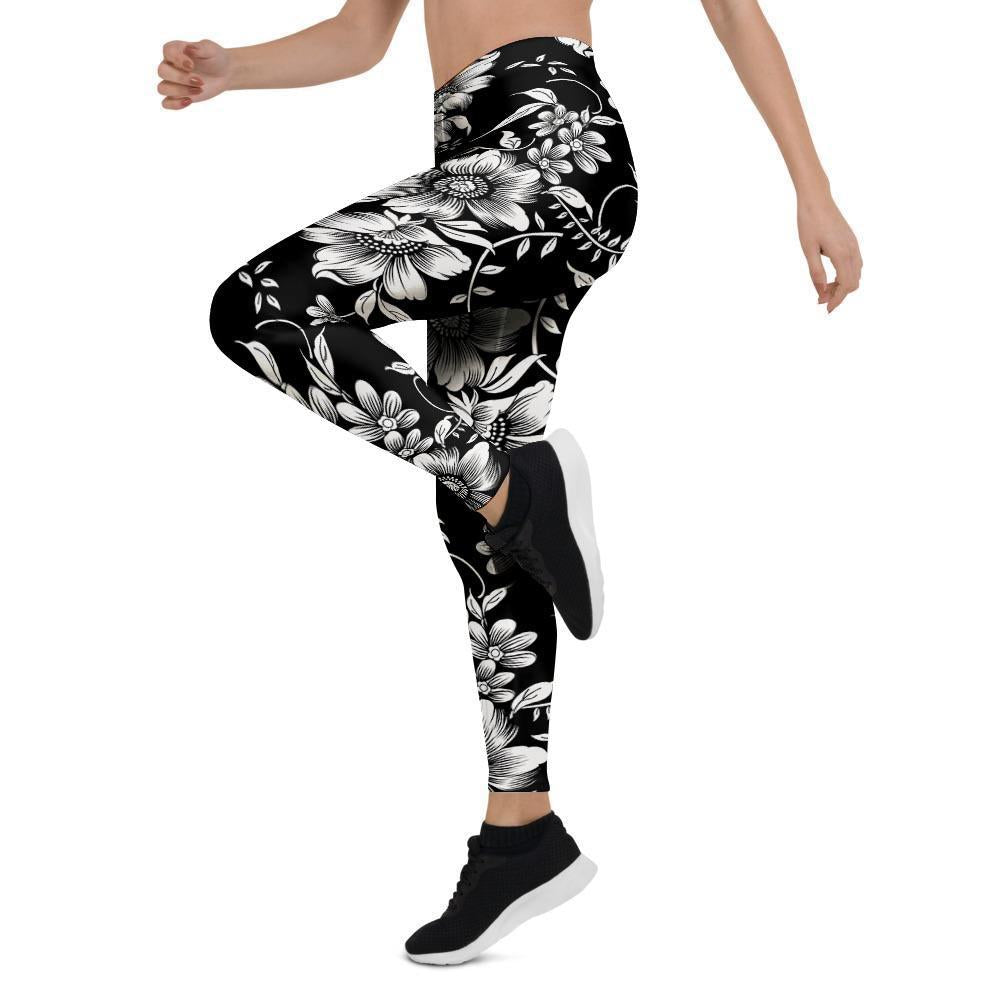 Black White Floral Print Women's Leggings-grizzshop