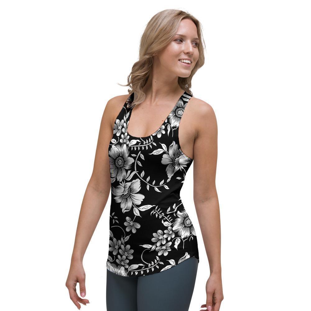 Black White Floral Print Women's Racerback Tank Top-grizzshop