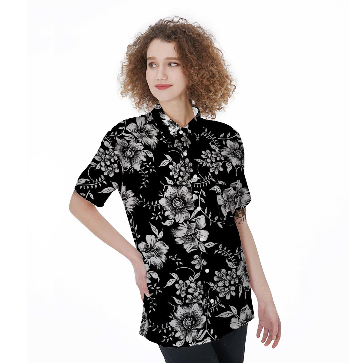 Black White Floral Print Women's Short Sleeve Shirts-grizzshop