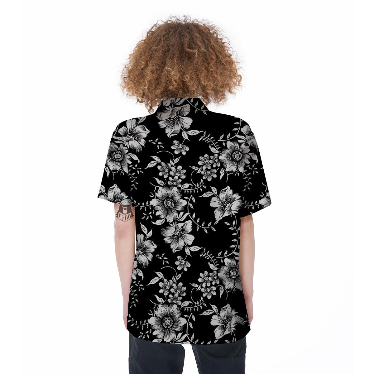 Black White Floral Print Women's Short Sleeve Shirts-grizzshop