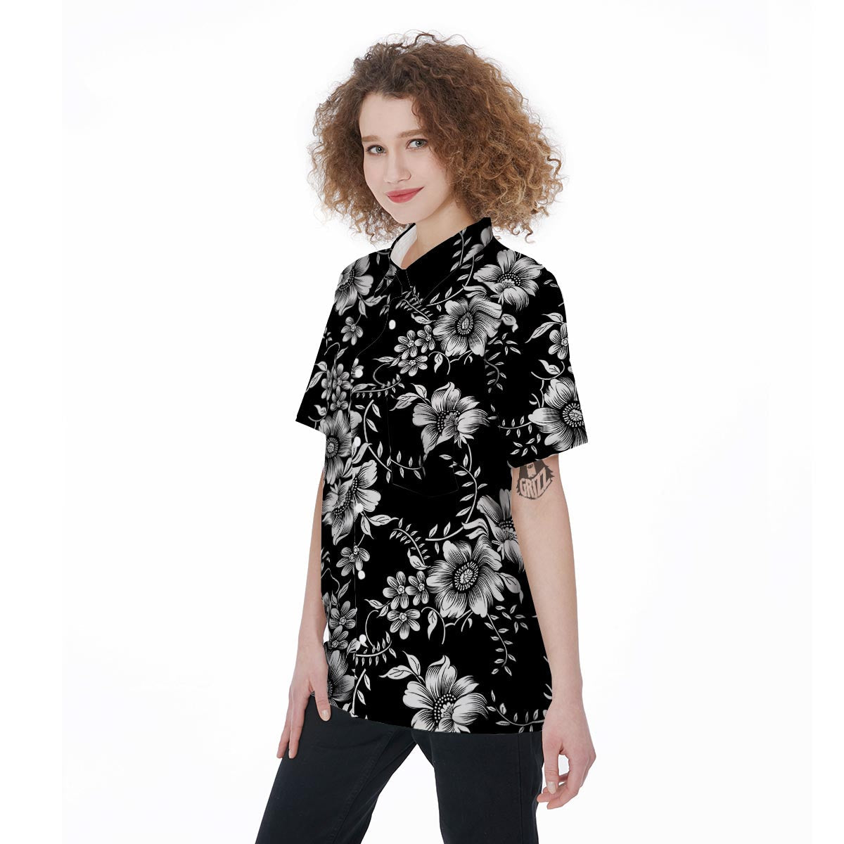 Black White Floral Print Women's Short Sleeve Shirts-grizzshop