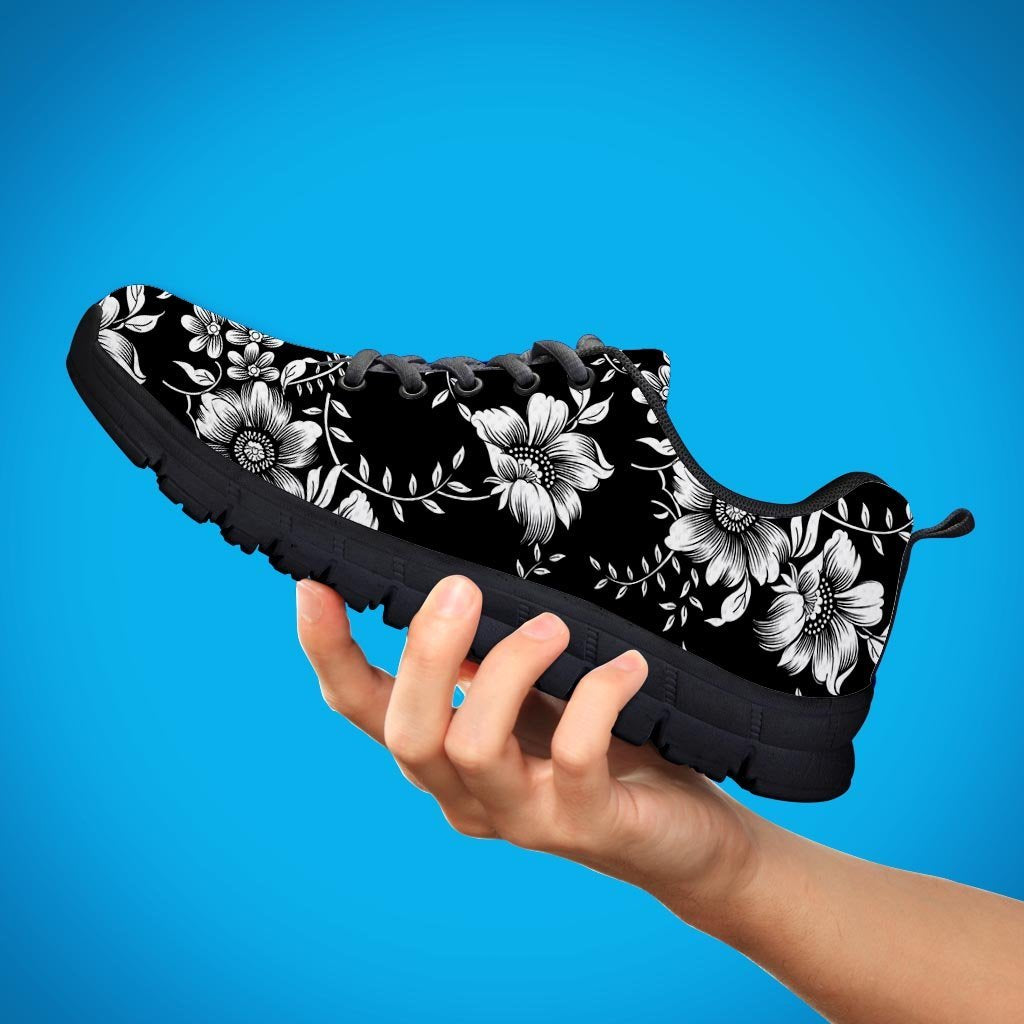 Black White Floral Print Women's Sneakers-grizzshop