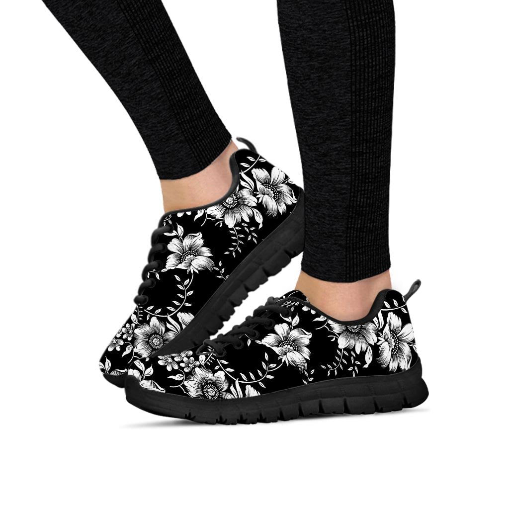 Black White Floral Print Women's Sneakers-grizzshop