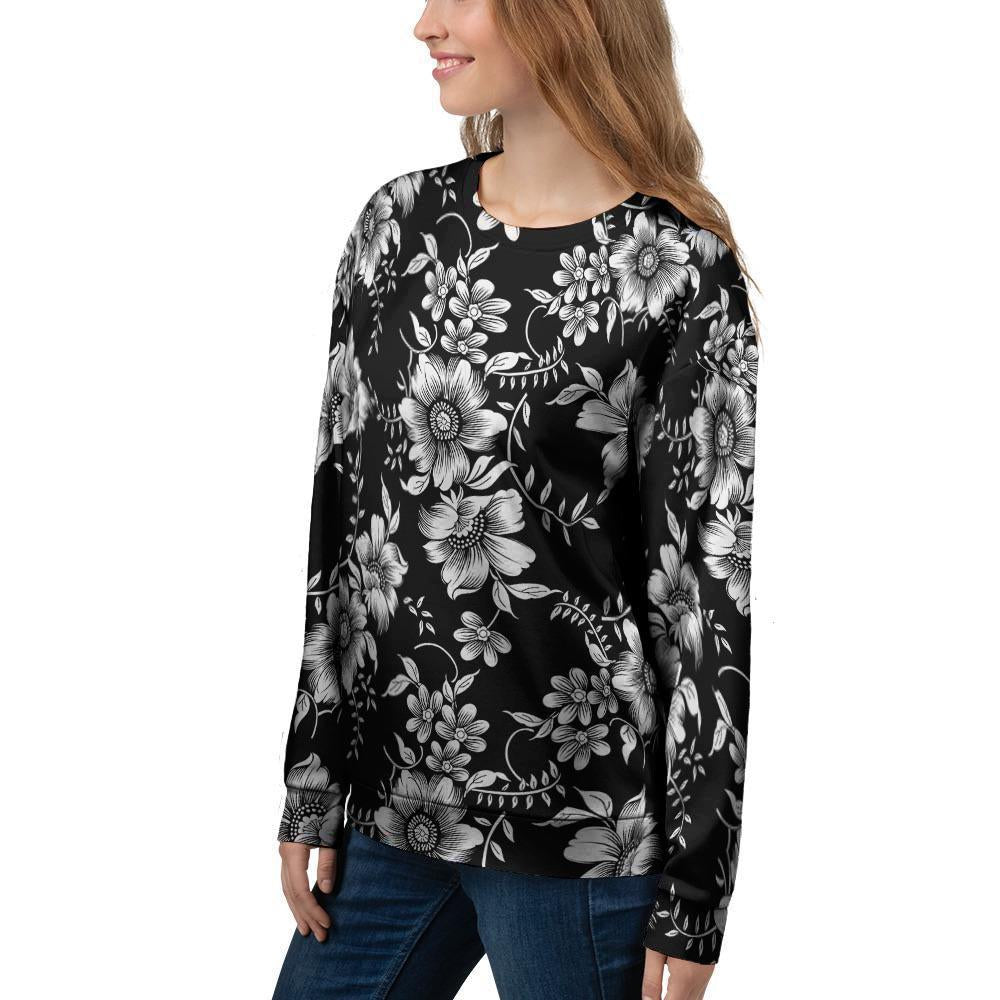 Black White Floral Print Women's Sweatshirt-grizzshop