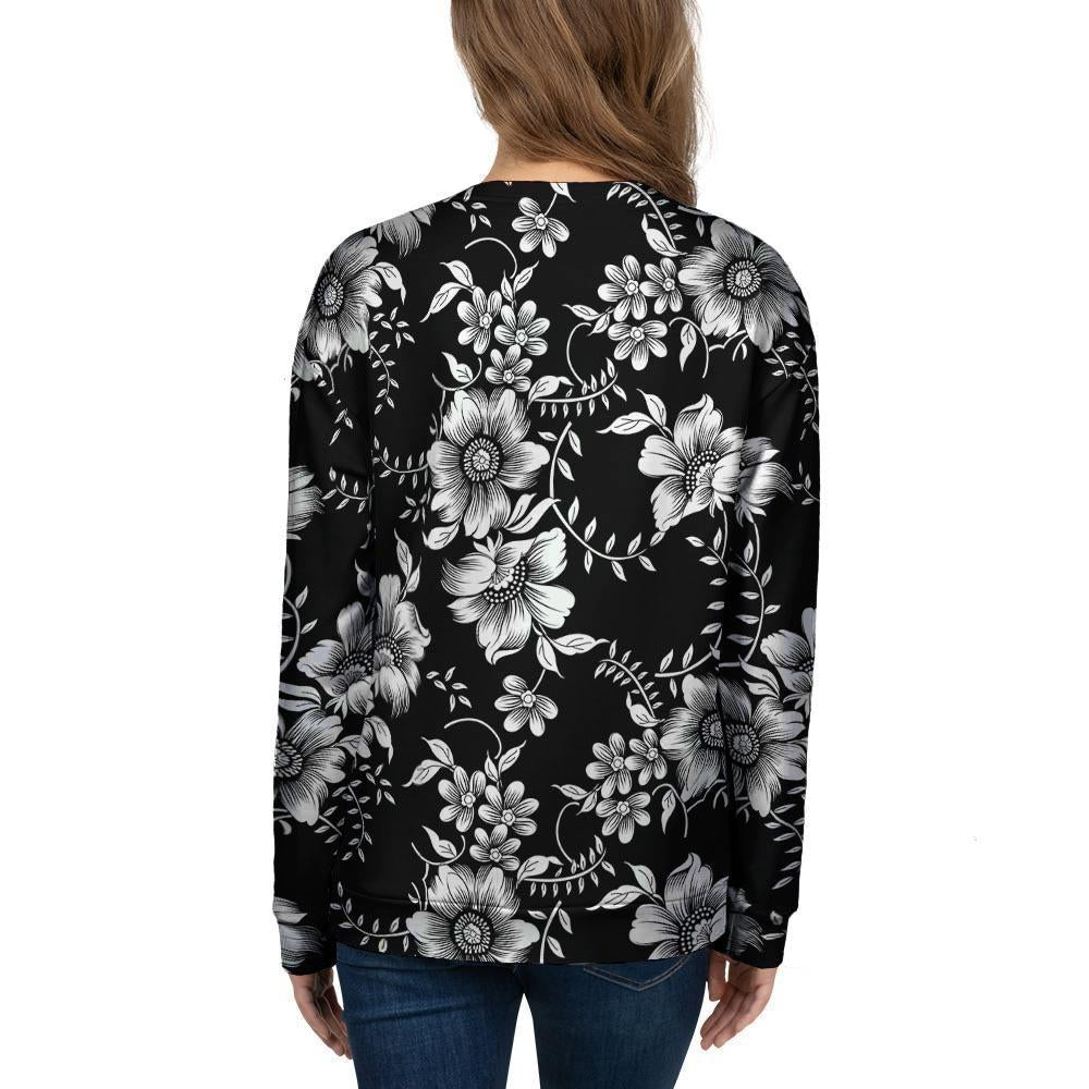 Black White Floral Print Women's Sweatshirt-grizzshop