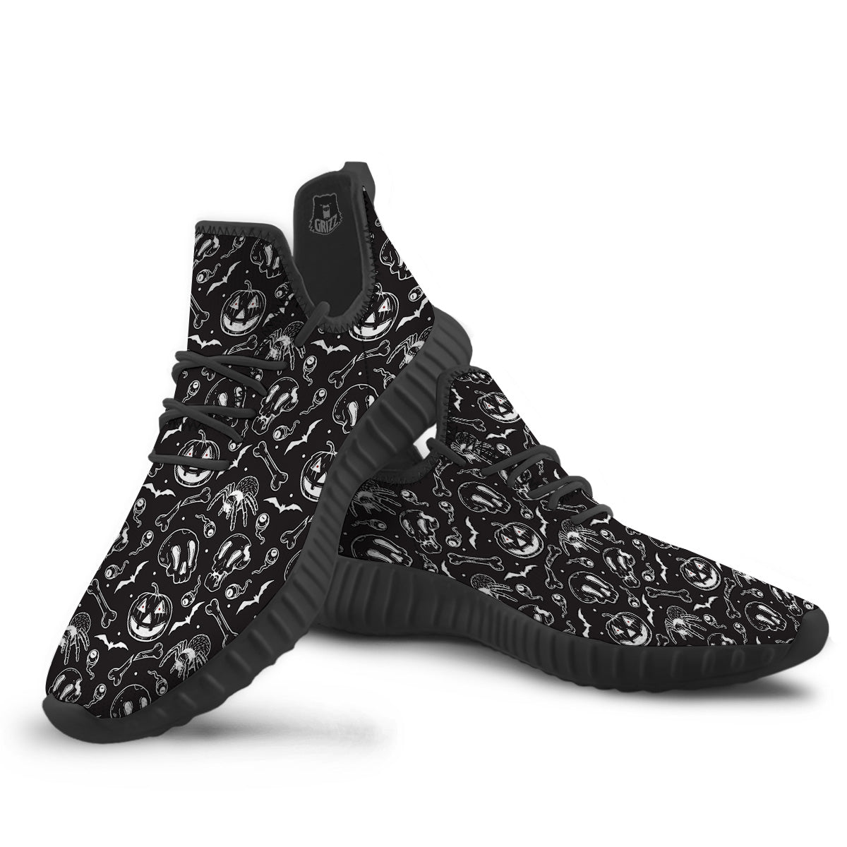 Black White Handdrawn Skull And Spider Print Pattern Black Walking Shoes-grizzshop