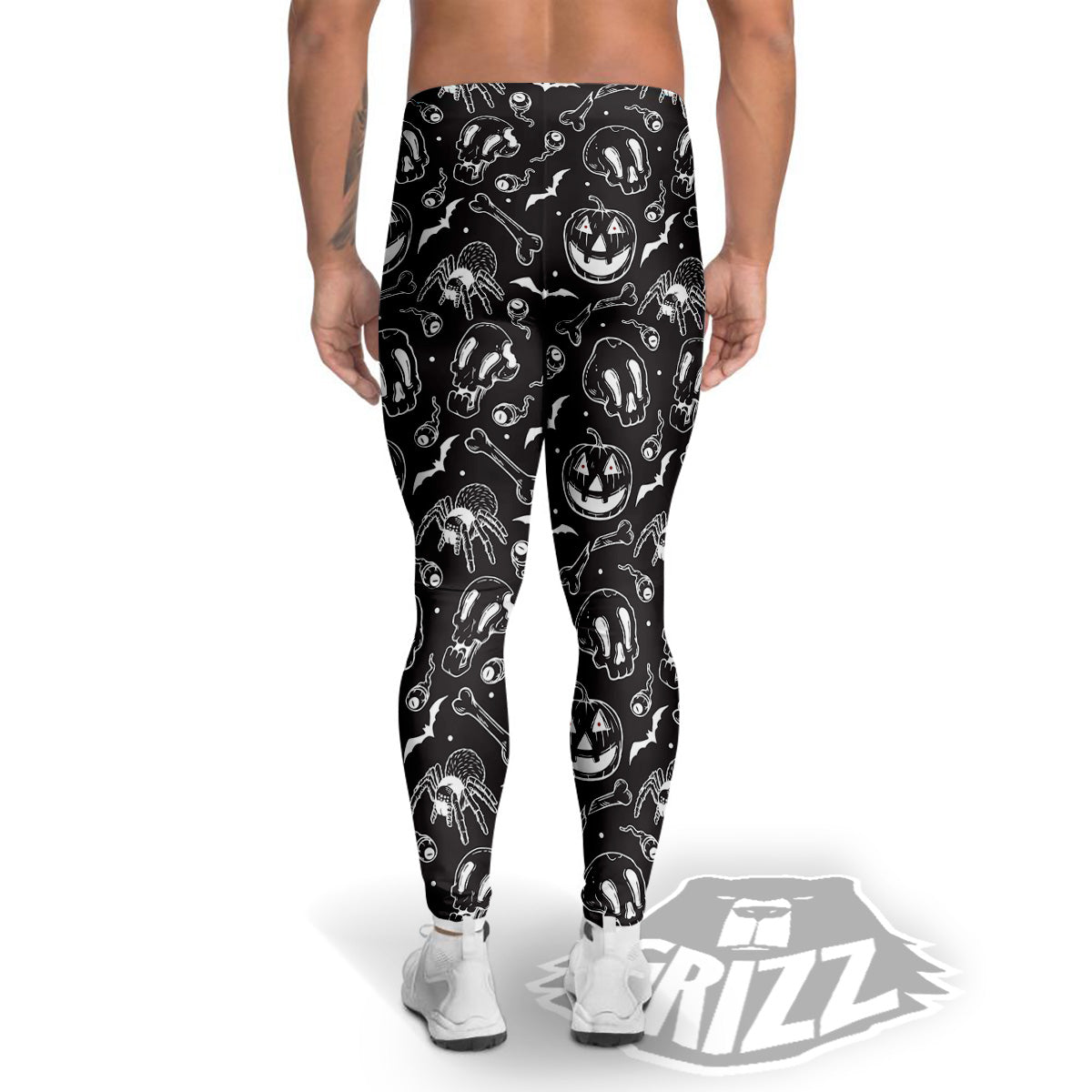 Black White Handdrawn Skull And Spider Print Pattern Men's Leggings-grizzshop