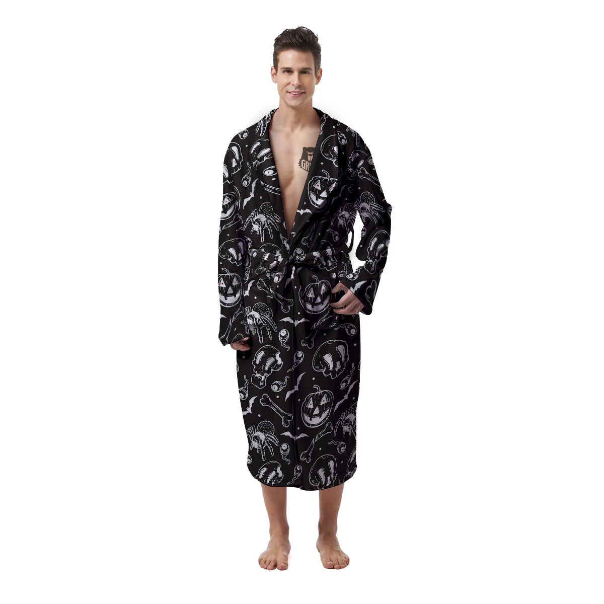Black White Handdrawn Skull And Spider Print Pattern Men's Robe-grizzshop