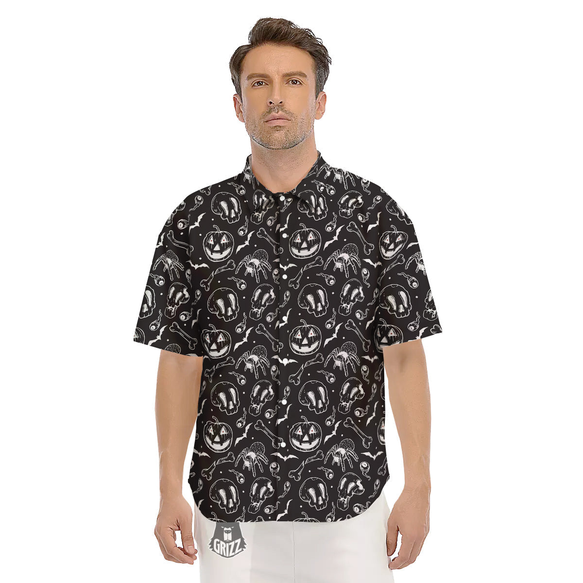 Black White Handdrawn Skull And Spider Print Pattern Men's Short Sleeve Shirts-grizzshop