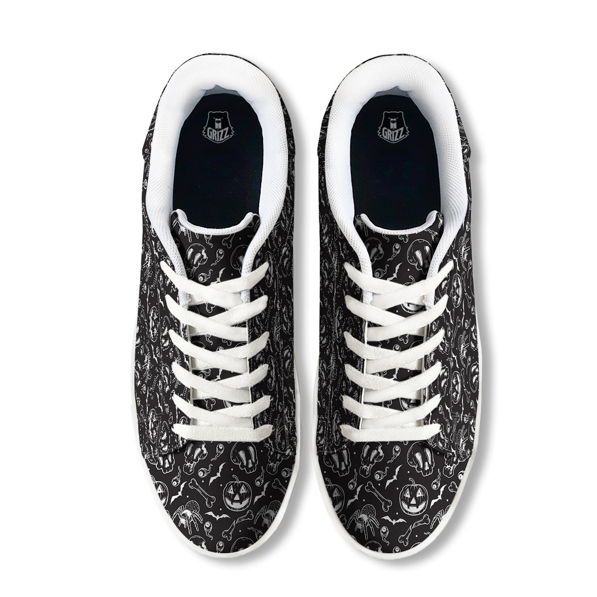 Black White Handdrawn Skull And Spider Print Pattern White Low Top Sneakers-grizzshop