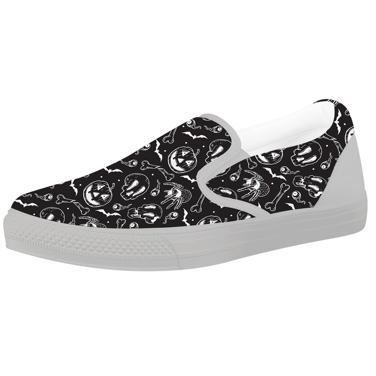Black White Handdrawn Skull And Spider Print Pattern White Slip On Shoes-grizzshop