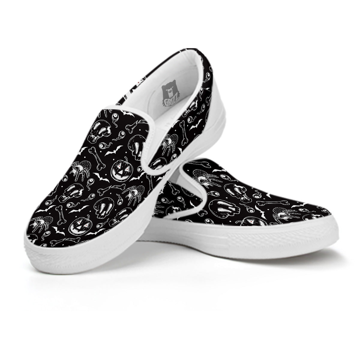 Black White Handdrawn Skull And Spider Print Pattern White Slip On Shoes-grizzshop