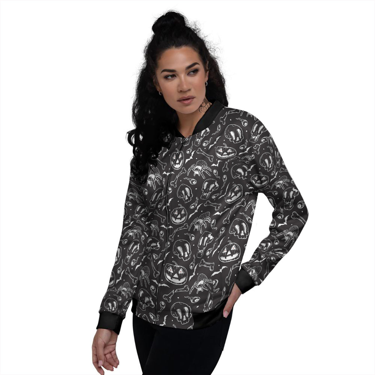 Black White Handdrawn Skull And Spider Print Pattern Women's Bomber Jacket-grizzshop
