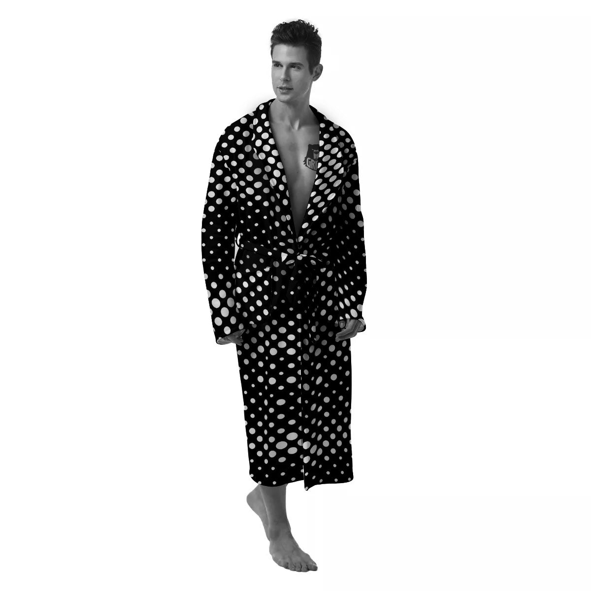 Black White Polka Dots Skull Print Men's Robe-grizzshop