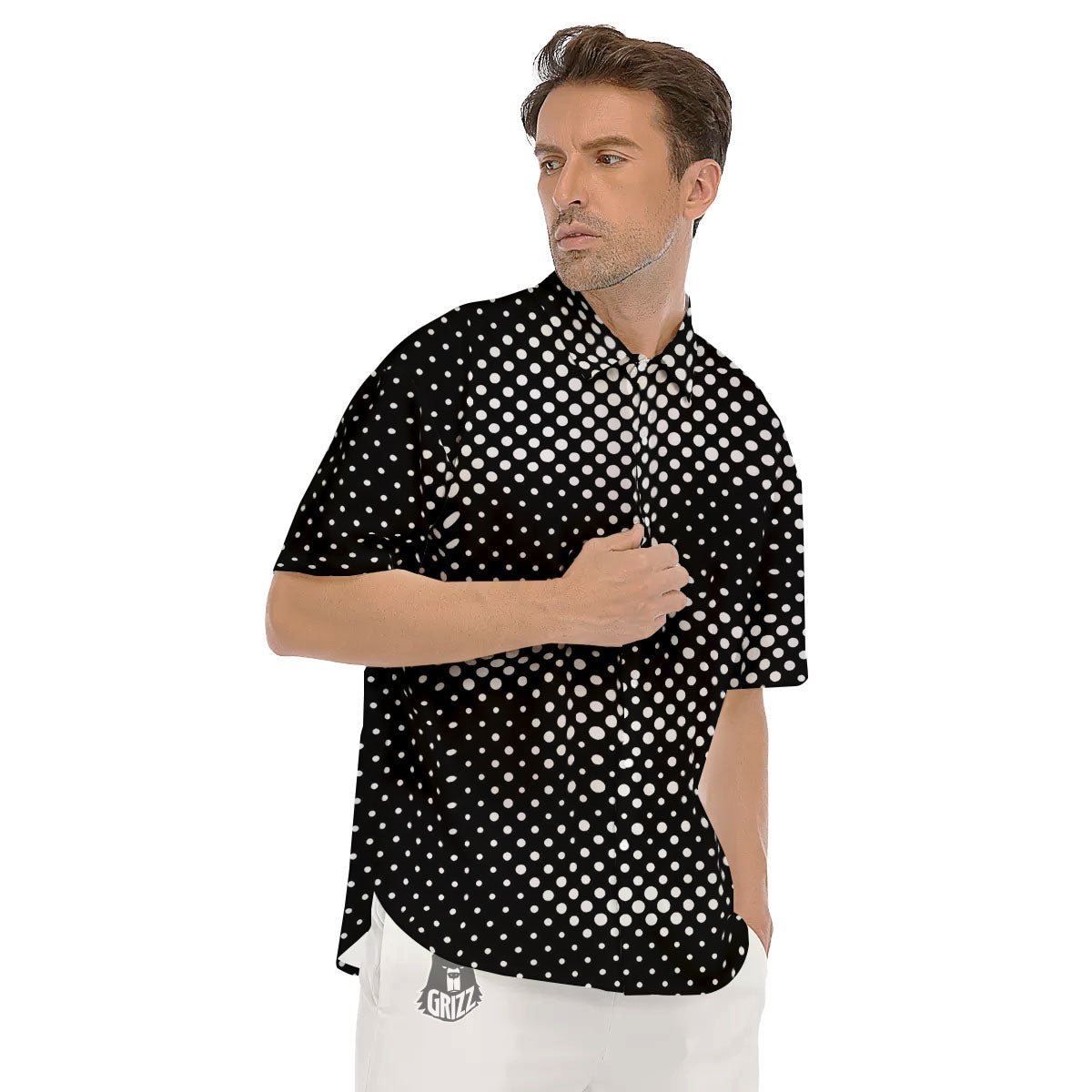 Black White Polka Dots Skull Print Men's Short Sleeve Shirts-grizzshop