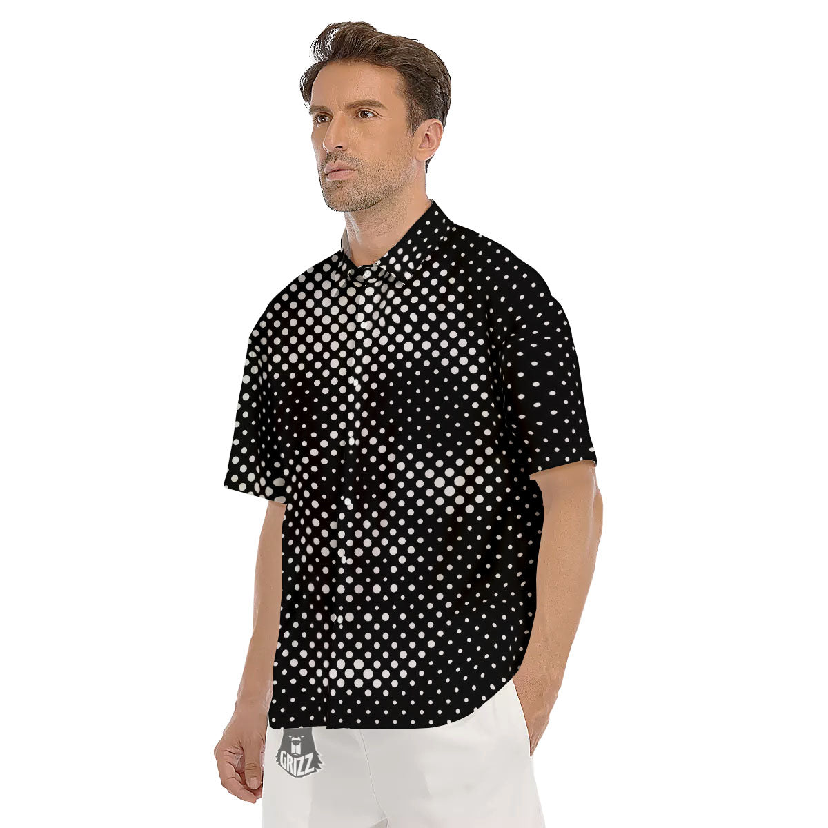 Black White Polka Dots Skull Print Men's Short Sleeve Shirts-grizzshop