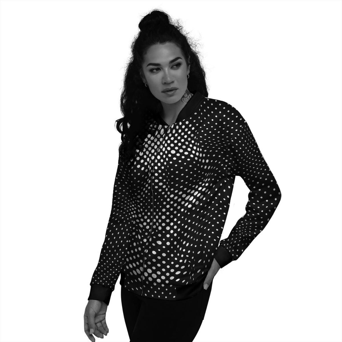 Black White Polka Dots Skull Print Women's Bomber Jacket-grizzshop