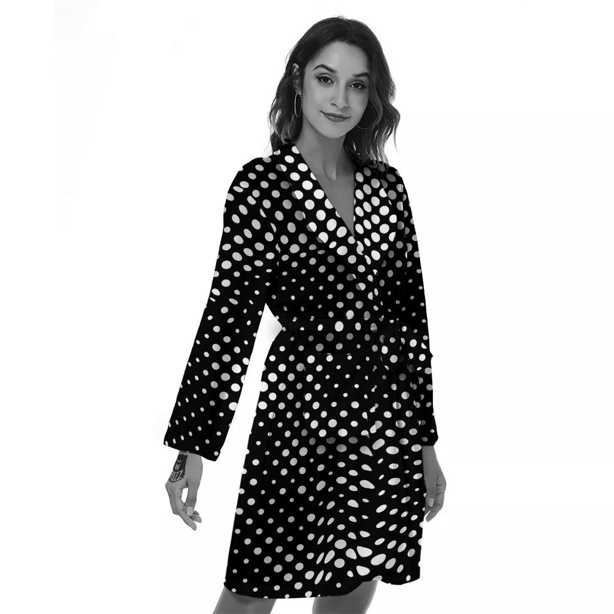 Black White Polka Dots Skull Print Women's Robe-grizzshop