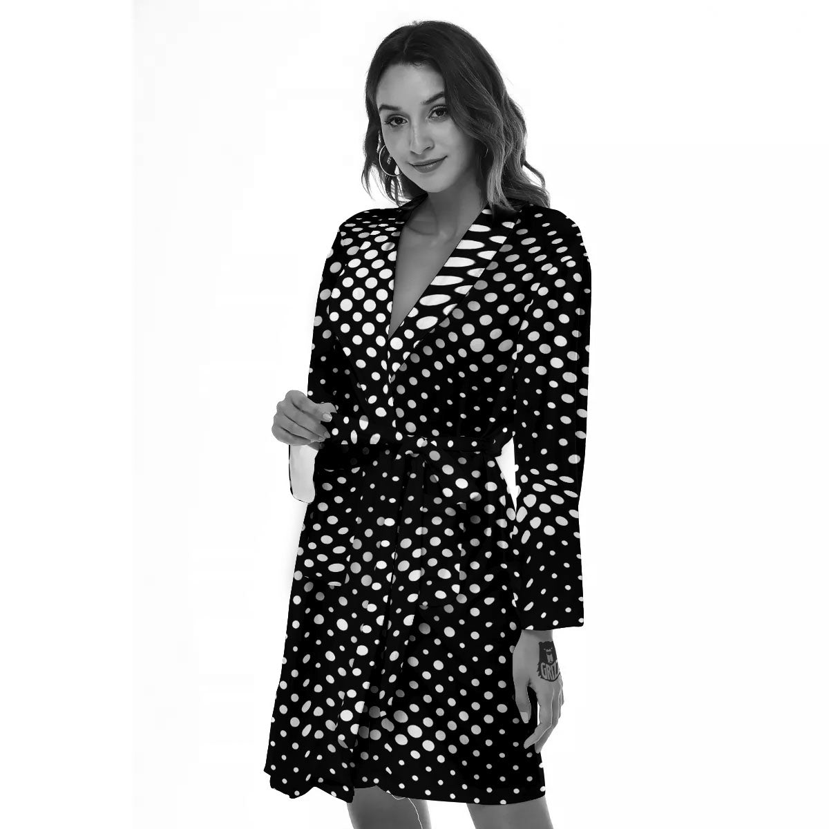 Black White Polka Dots Skull Print Women's Robe-grizzshop