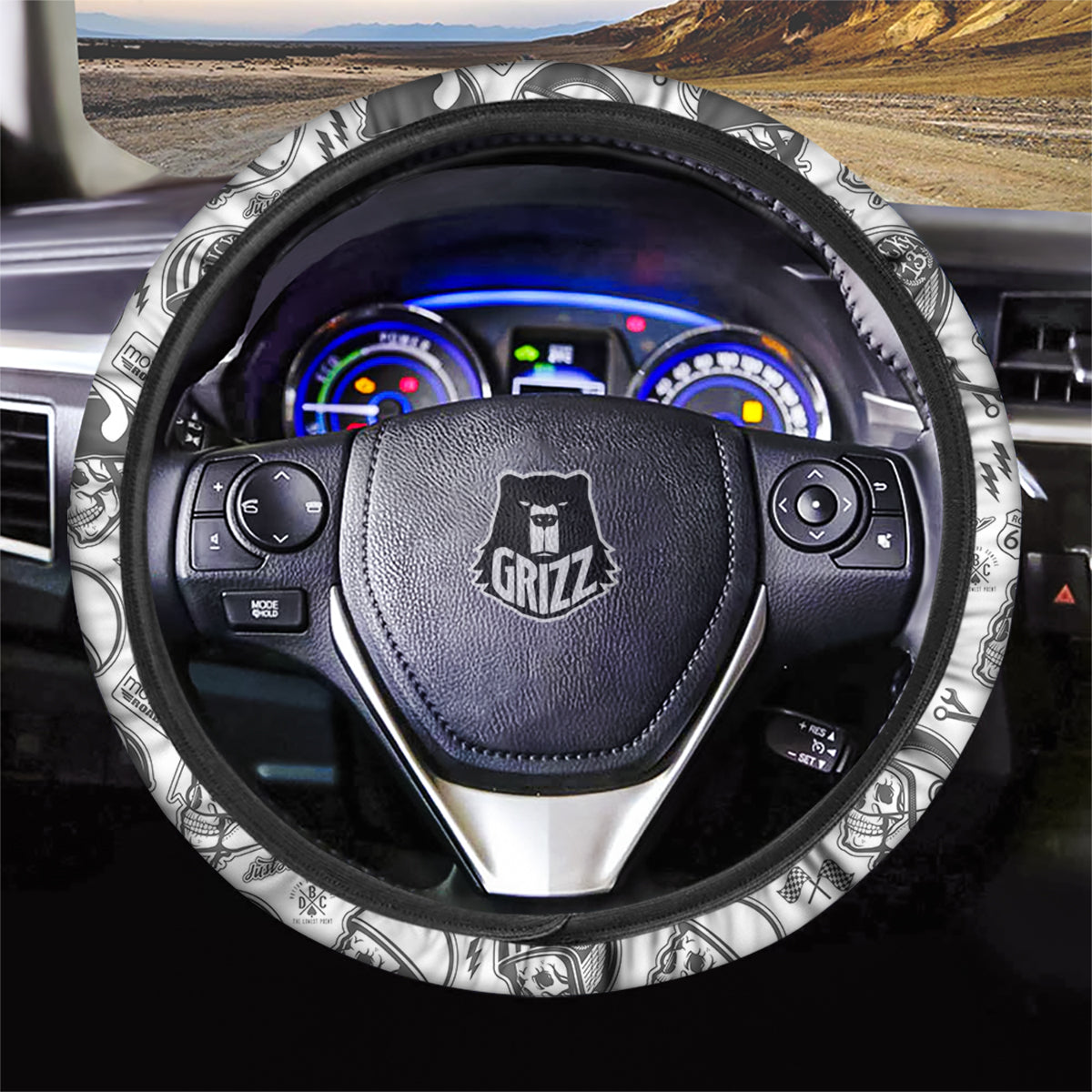 Black White Skull Helmet Rider Print Pattern Car Steering Wheel Cover-grizzshop