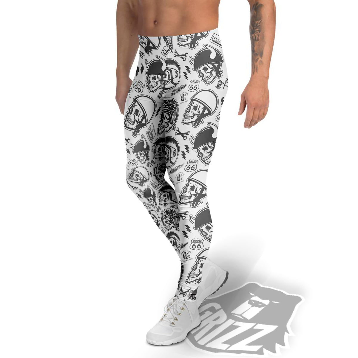 Black White Skull Helmet Rider Print Pattern Men's Leggings-grizzshop