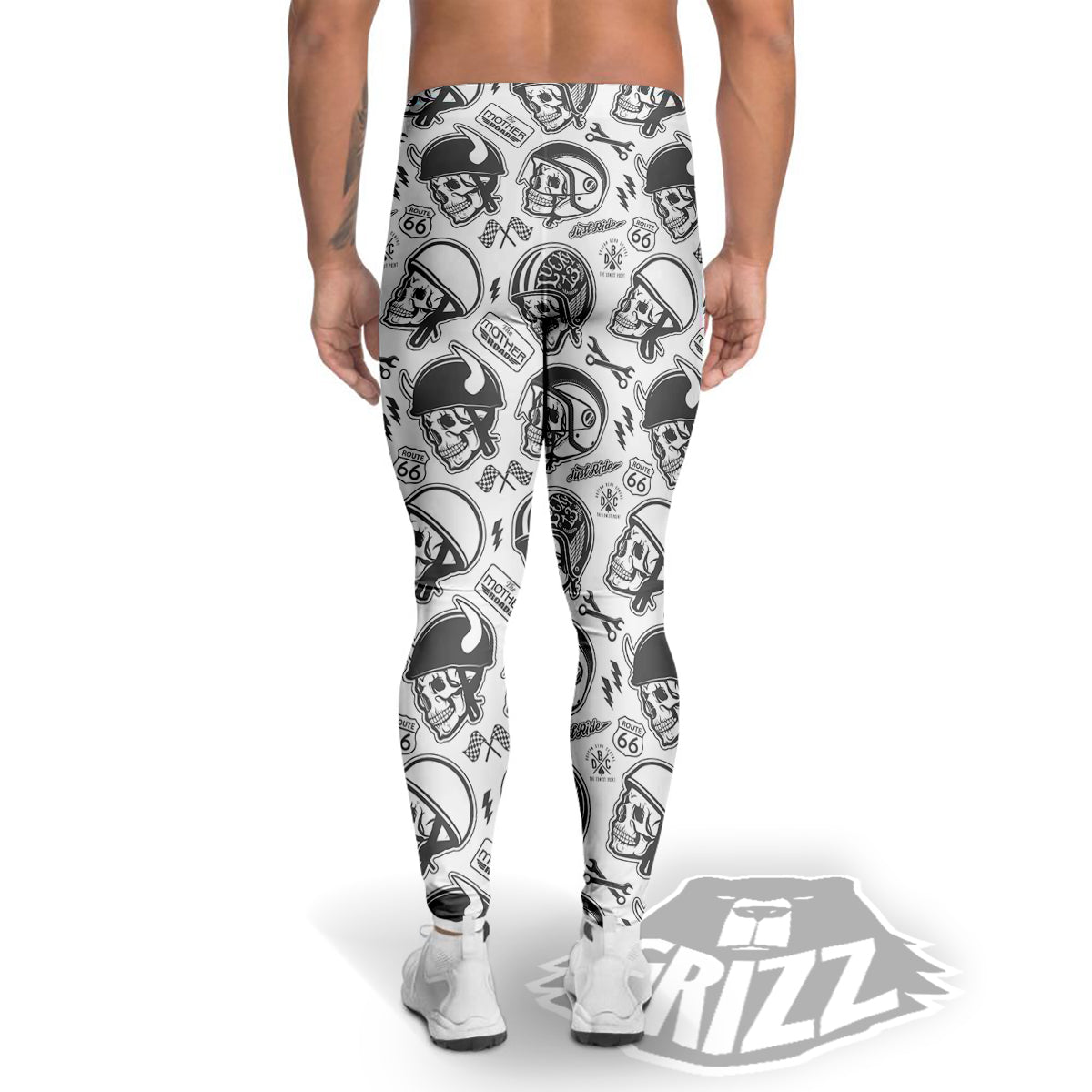 Black White Skull Helmet Rider Print Pattern Men's Leggings-grizzshop