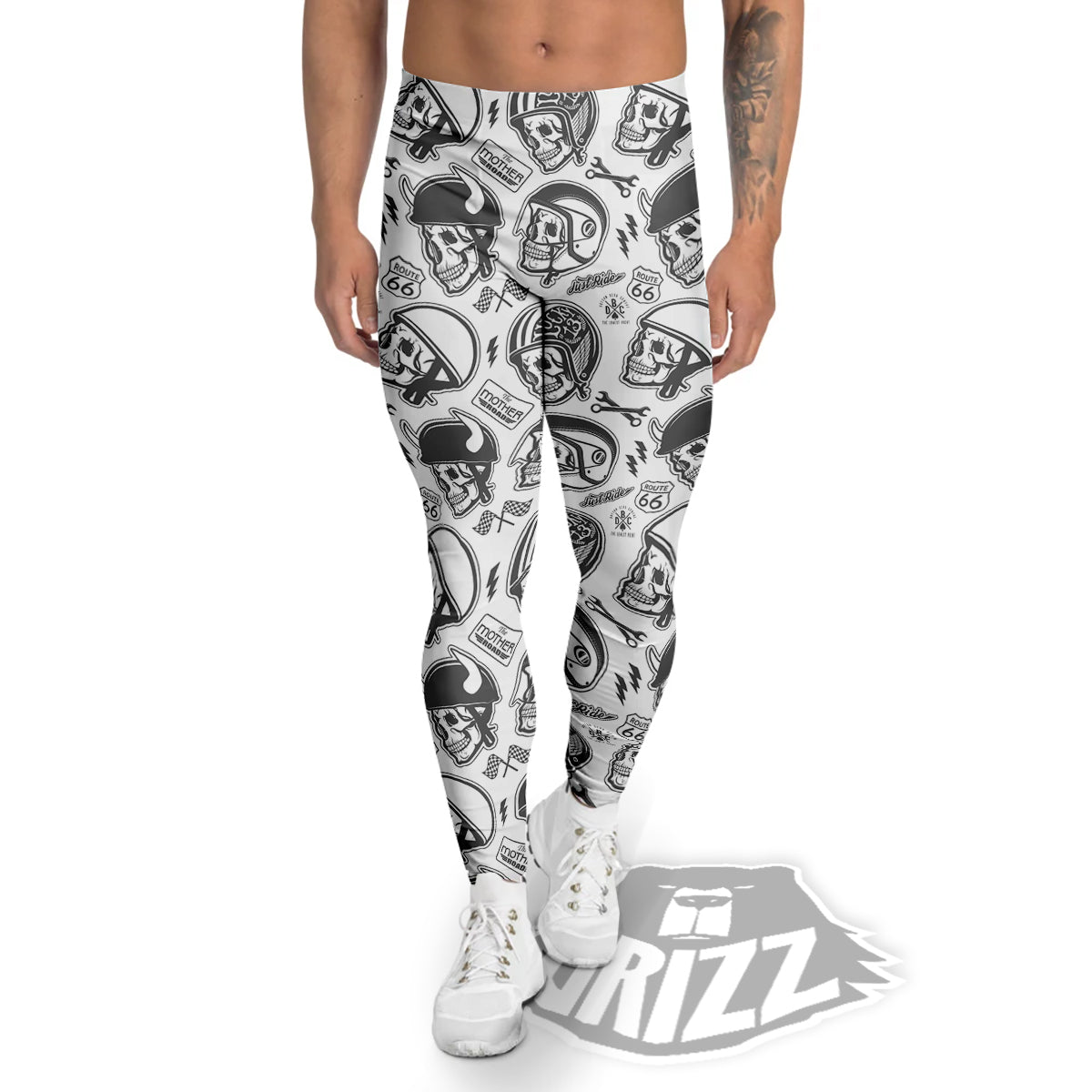 Black White Skull Helmet Rider Print Pattern Men's Leggings-grizzshop