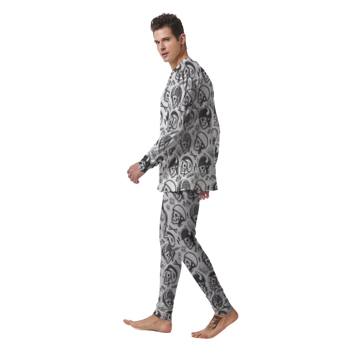 Black White Skull Helmet Rider Print Pattern Men's Pajamas-grizzshop