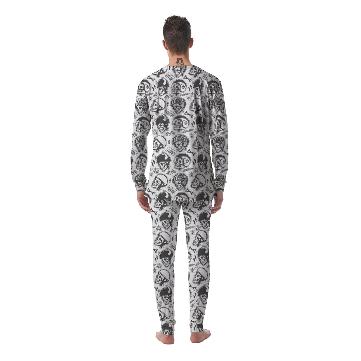 Black White Skull Helmet Rider Print Pattern Men's Pajamas-grizzshop