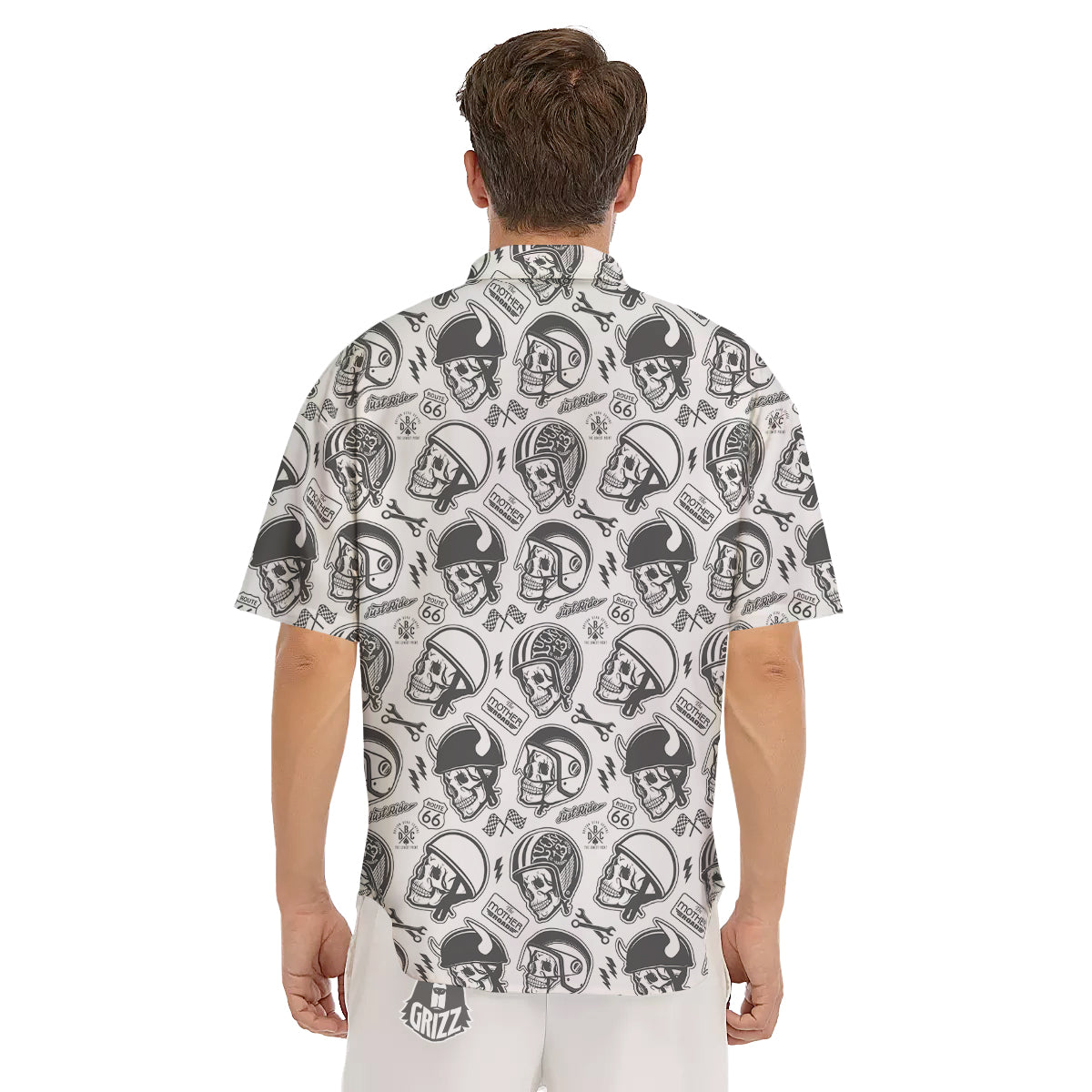 Black White Skull Helmet Rider Print Pattern Men's Short Sleeve Shirts-grizzshop