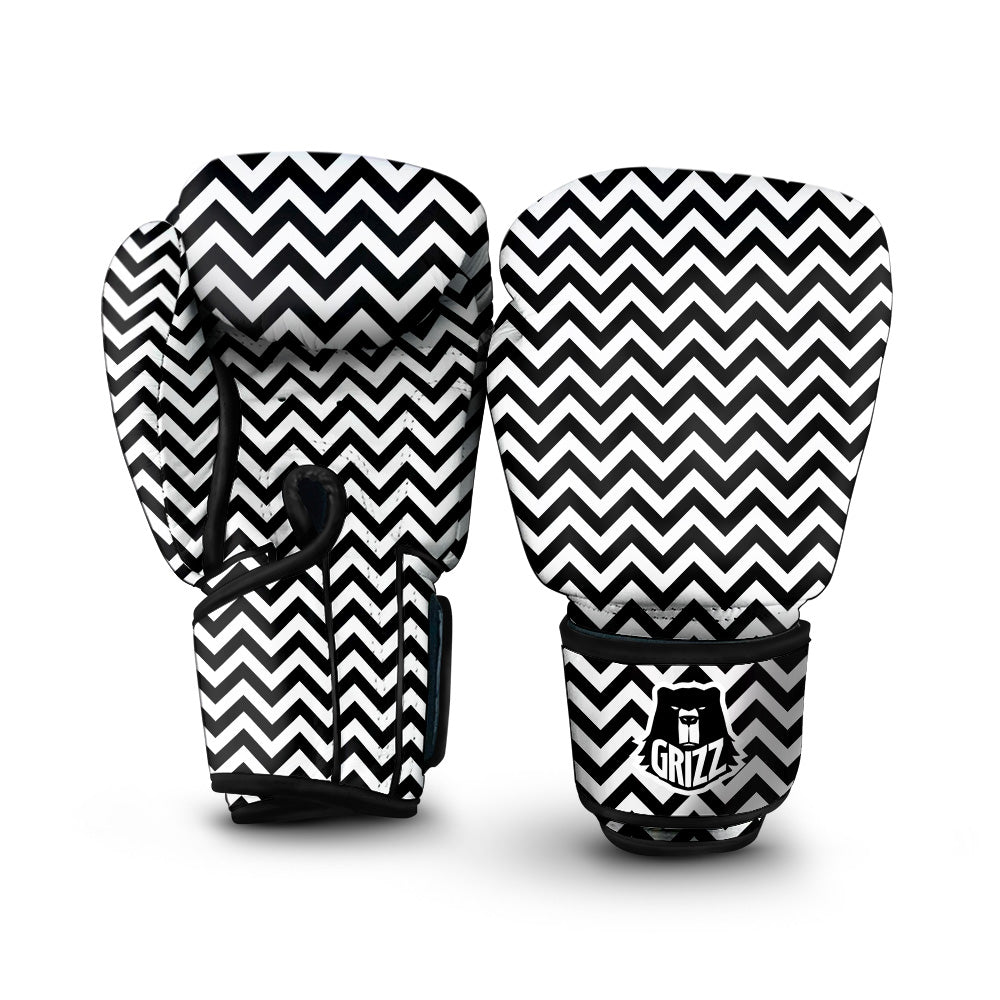 Black Zigzag Print Pattern Boxing Gloves-grizzshop
