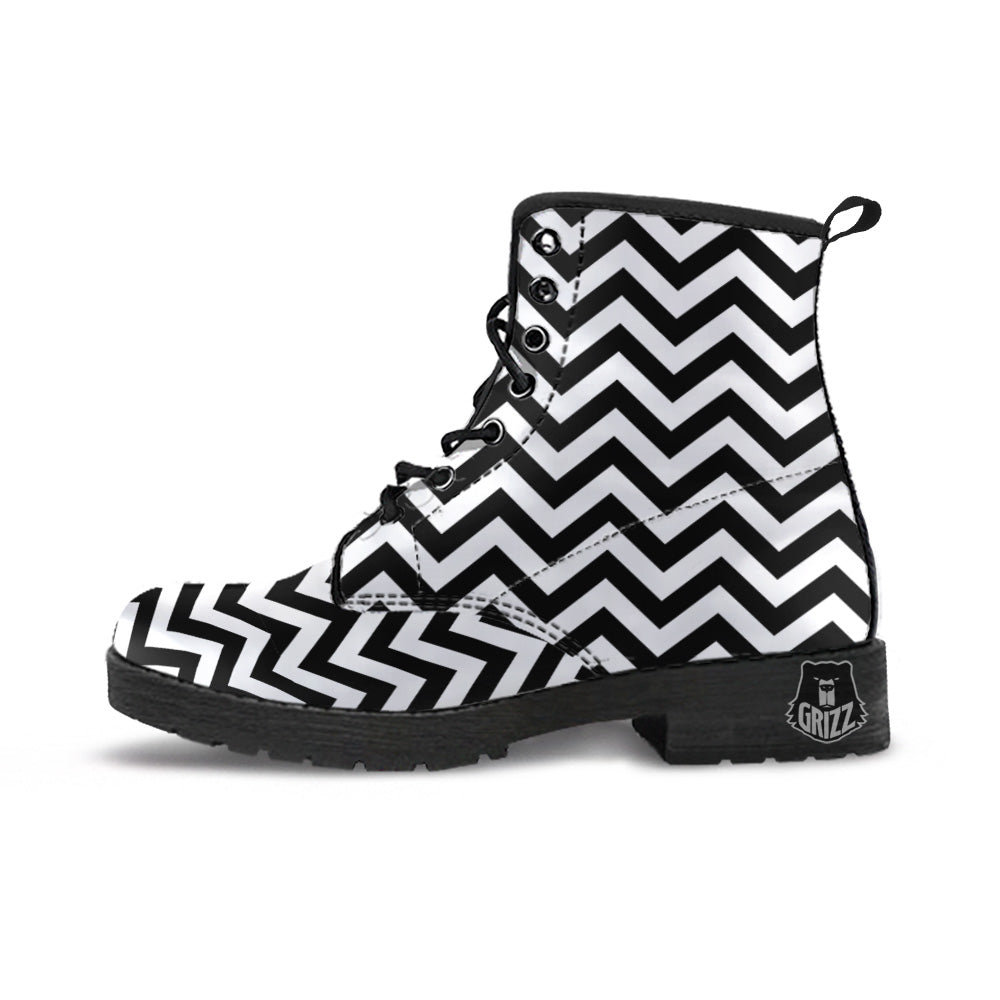 Black Zigzag Print Pattern Leather Boots-grizzshop