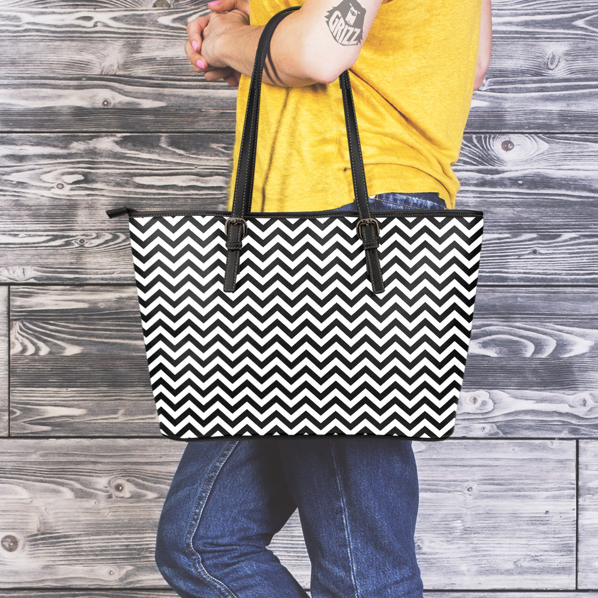 Black Zigzag Print Pattern Leather Tote Bag-grizzshop