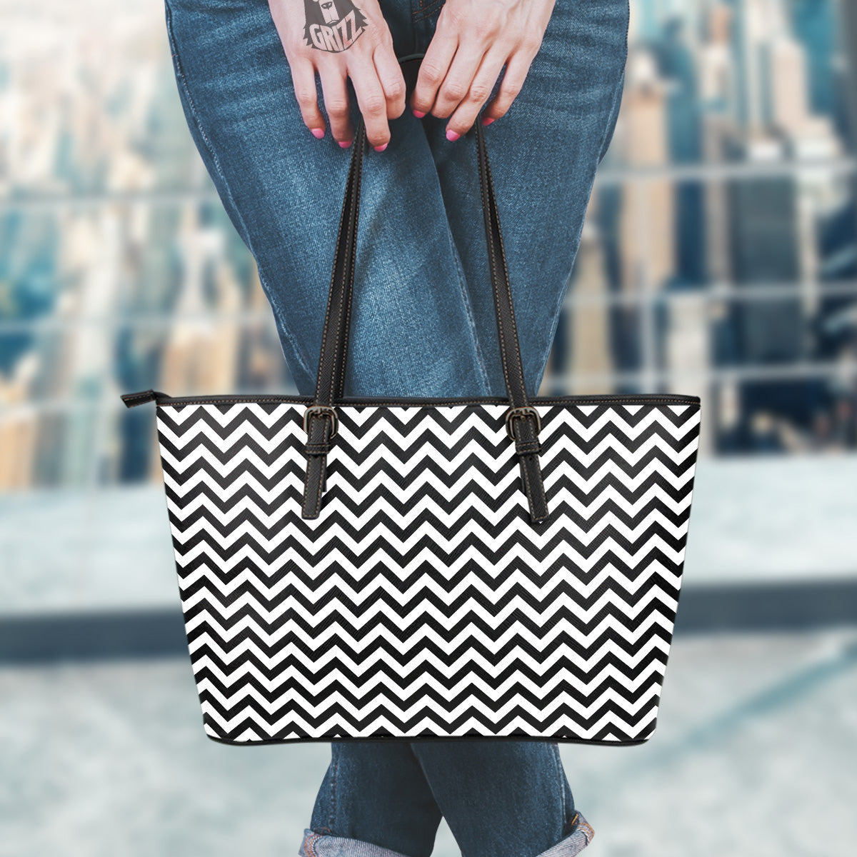 Black Zigzag Print Pattern Leather Tote Bag-grizzshop