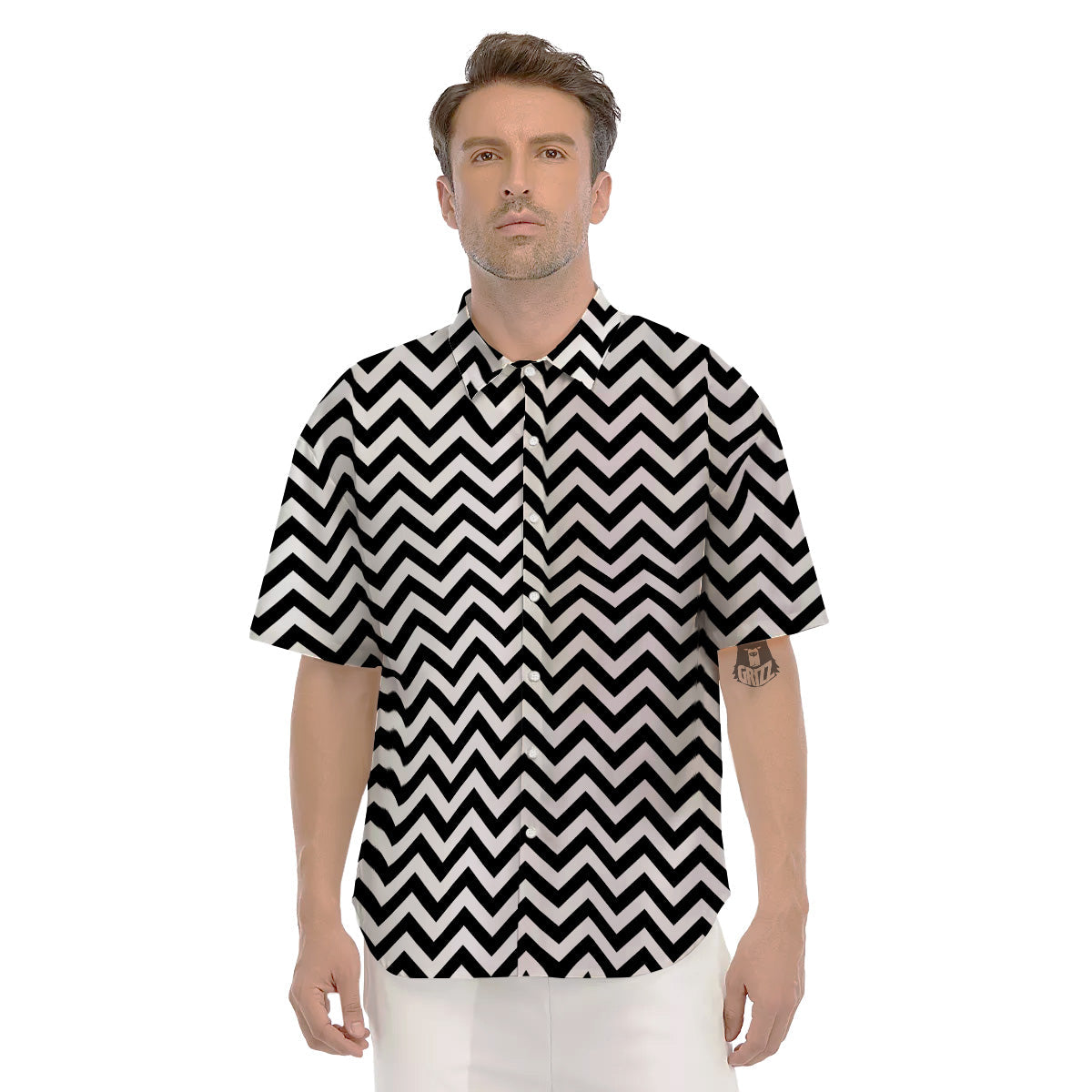 Black Zigzag Print Pattern Men's Short Sleeve Shirts-grizzshop