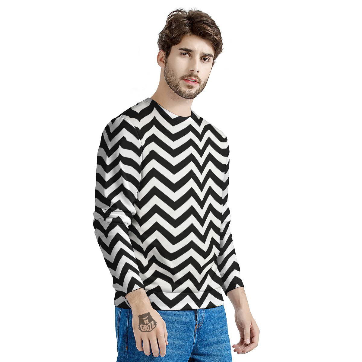 Black Zigzag Print Pattern Men's Sweatshirt-grizzshop
